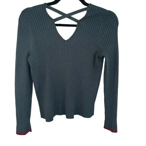 Skies Are Blue Green Cross Back Ribbed Sweater V Neck - Picture 2 of 5